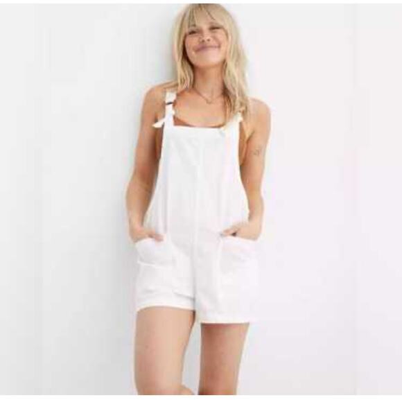 Aerie Beach White Denim Shortall Tie Straps Rolled Hems Overalls Romper Small - Picture 1 of 5